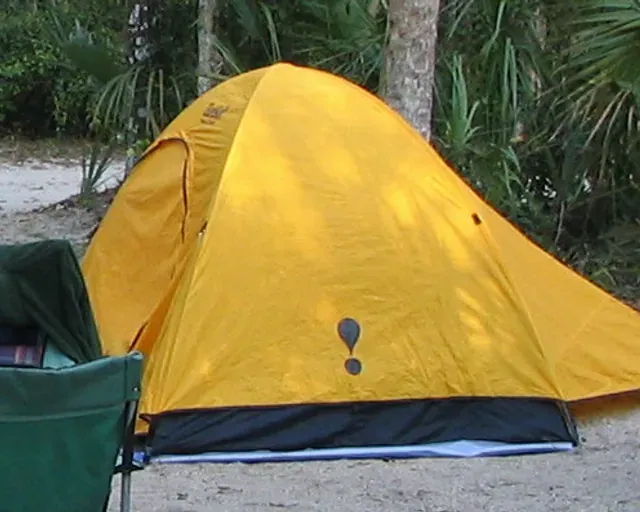 Tenda a cupola gialla montata in un'area boschiva